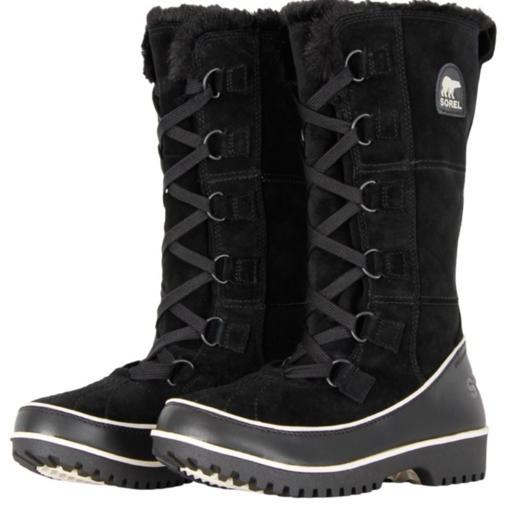 Sorel Tivoli Size 7.5 black mid calf black suede leather boot Faux fur interior